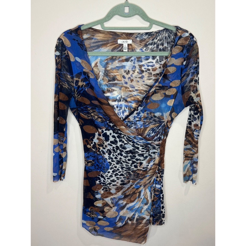 Y2K Mesh Cache Long Sleeve Wrap Top Sz L Animal Print Brown Blue Office Siren